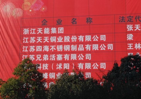1月14日記者拍攝的聳立在沭陽縣迎賓大道上的巨幅納稅廣告牌，排名第一的是浙江天能。