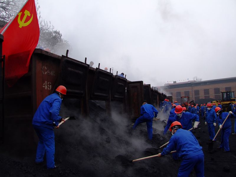 2月10日，中鋁貴州分公司及碳素廠部分黨員正爭先恐后卸車石油焦。